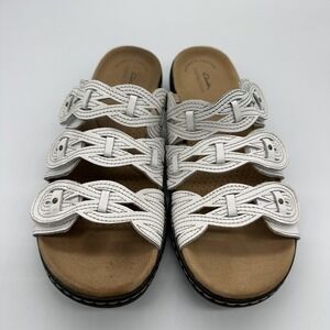 Clarks Collection Sandals Shoes Womens Size 9 White Leather Slide Wedge Comfort